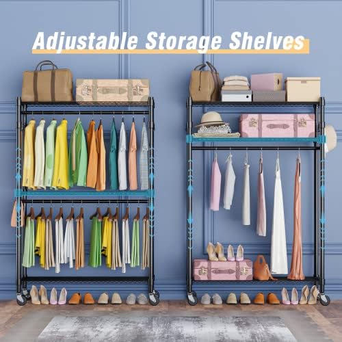 Homdox Double Rod Closet 3 Shelves Wire Shelving Clothing Rolling Rack Heavy ...