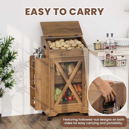 Potato and Onion Storage Bin, Movable Fruit and Vegetable Bin with Spice Rack...