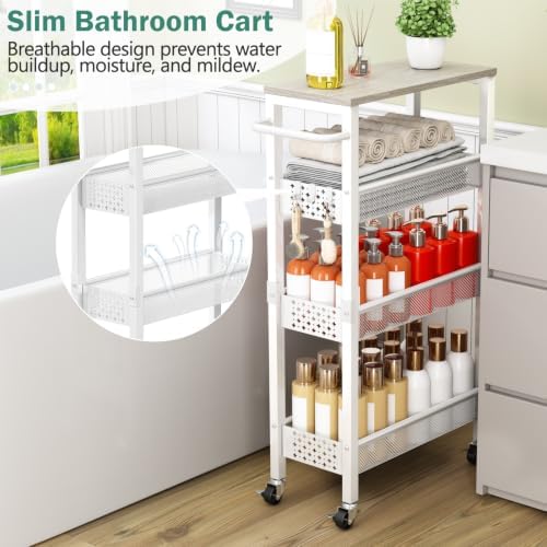 Vivihomety 4-Tier Slim Utility Rolling Laundry Cart with Wheels, Metal