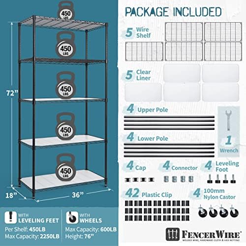 Fencer Wire NSF Commercial Heavy Duty Wire Shelving w/Wheels, Leveling Feet &...