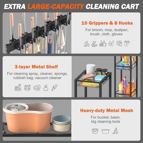 Broom Holder with Cleaning Supplies Organizer, Broom Closet Storage Cabinet w...