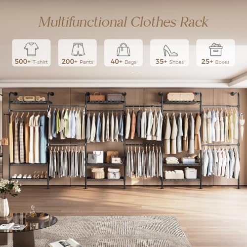 Wall Mounted Closet System, Heavy Duty 6-Row Clothes Rack, Expandable Industr...