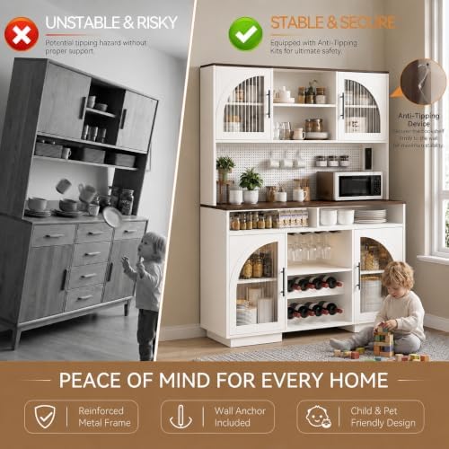 71" Tall Pantry Cabinet with Charging Station, LED Lights & Microwav...