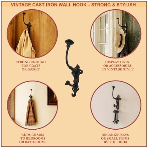 Mystic Colonial Rustic Cast Iron Wall Hooks – Heavy Duty Vintage Utility Hook...