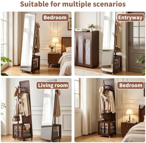 Solid Wood Rolling Coat Rack full length mirror with Storage Basket, Freestan...