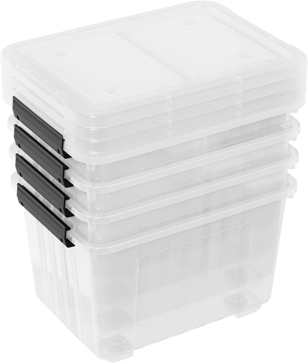 4-Pack 50 Quart Plastic Storage Bin, Stackable Wheeled Box, Clear