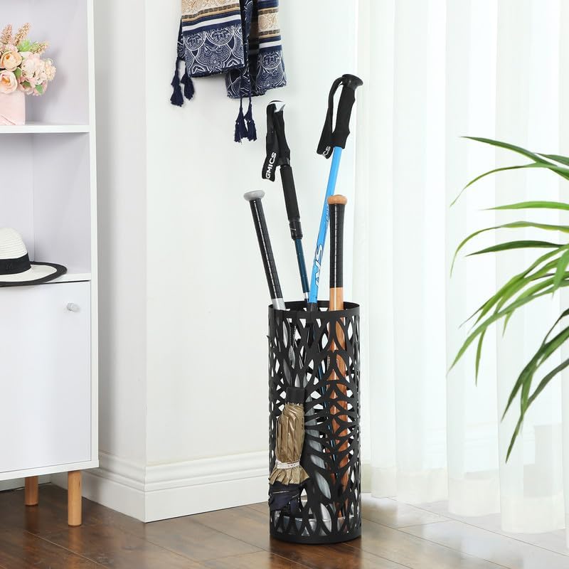 SONGMICS Umbrella Stand, Steel Round, Detachable Drip Tray, 4 Hooks