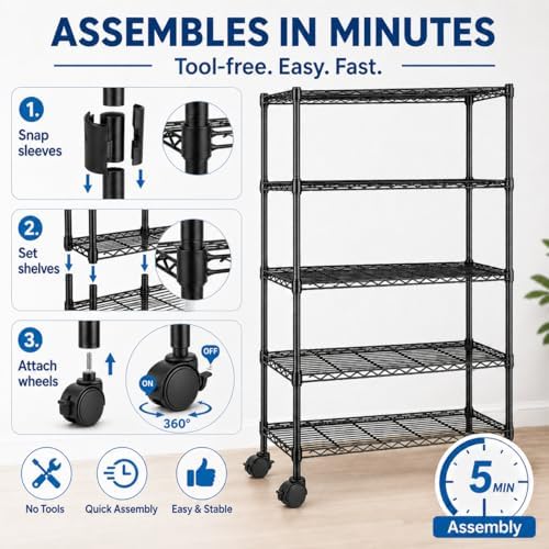 Simple Deluxe 5-Tier Heavy Duty Storage Shelving Unit, 1250 Lbs Loading Capac...