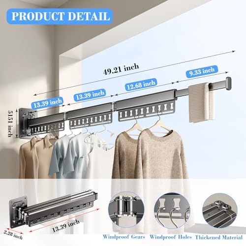 Clothes Drying Rack Wall-Mounted, 3-Fold Retractable Clothes Hanger with Wind...