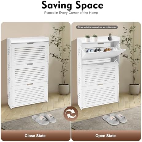 3 Tier Shoe Cabinet with Flip Drawers,Narrow Slim Shoe Storage Cabinet,Floor ...