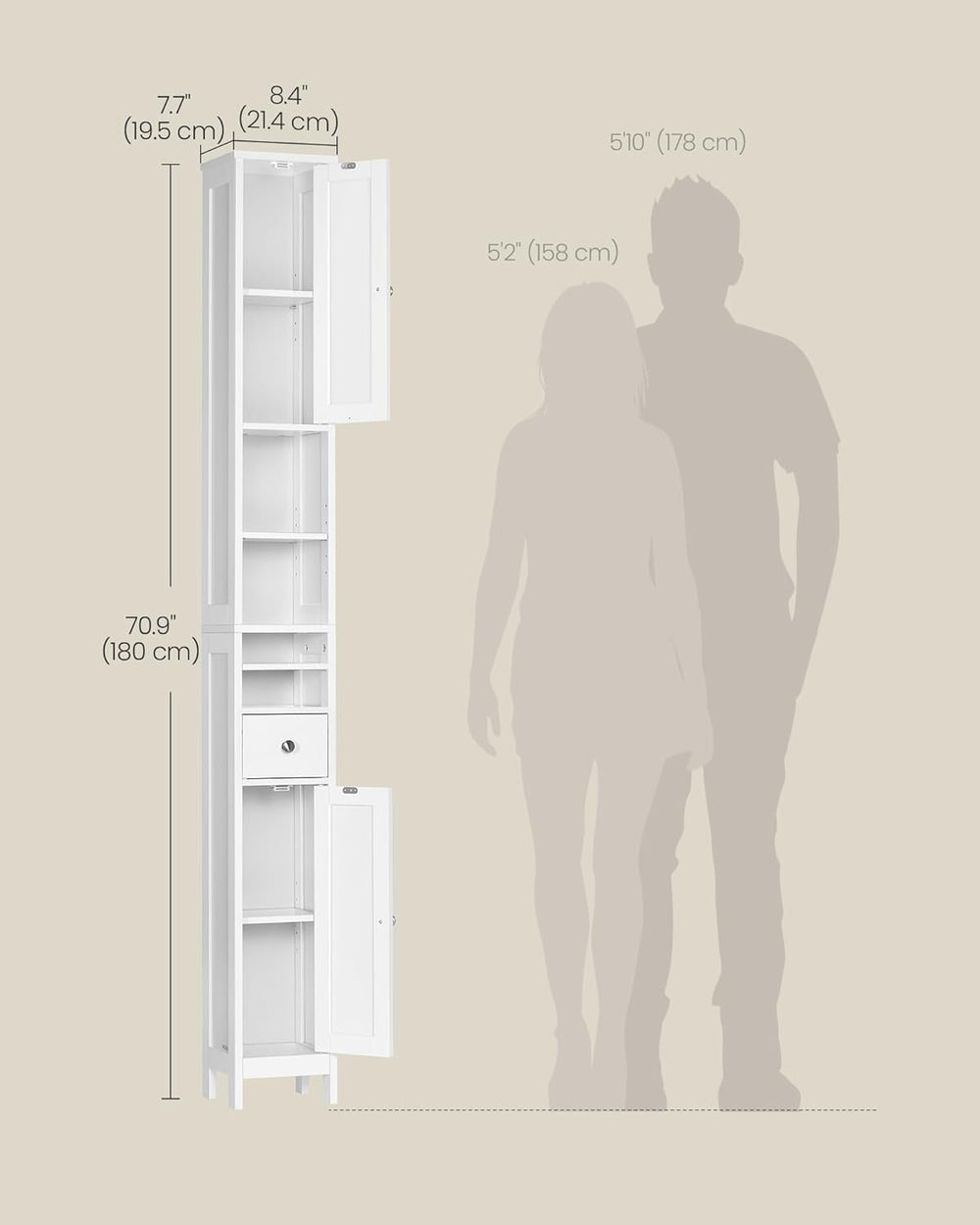 VASAGLE Tall Bathroom Cabinet, Slim Freestanding, Drawer, Open Compartments