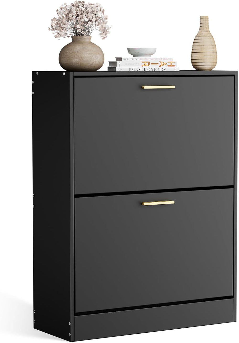 JOZZBY Shoe Cabinet Storage Set of 2 with 2 Flip Drawers, Black丨Slim Freestan...