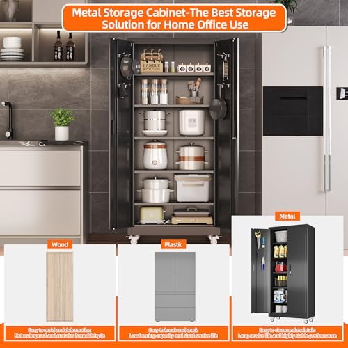SUXXAN 71" Metal Garage Storage Cabinet with Wheels,Pegboard,Lock,5 Shelves
