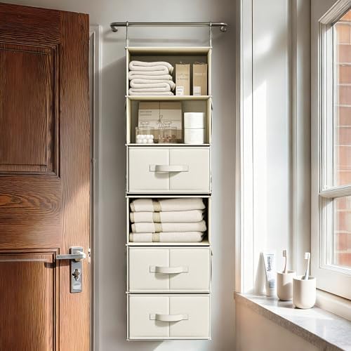 6-Shelf Hanging Closet Organizer with 3 Drawers, 2-in-1 Design, Beige