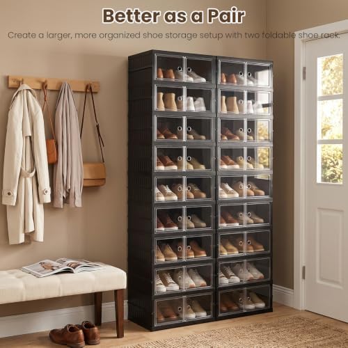 9 Tier Foldable Shoe Rack, Plastic Shoe Storage Cabinet with Clear Doors
