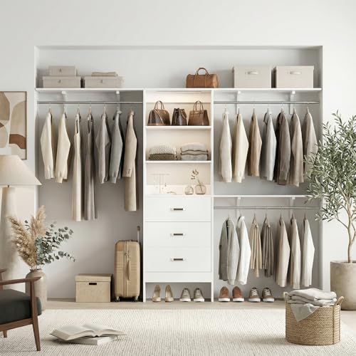 iSunirm 96" Wall Mounted Closet System with LED, Walk-In Style Wood Clos...