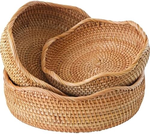 Round Rattan Bread Baskets for Serving, Wicker Fruit Baskets Storage Bowls
