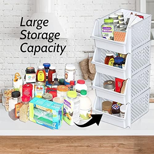 Skywin Stackable Storage Bins Open Front for Pantry Storage, 4 Pack - White
