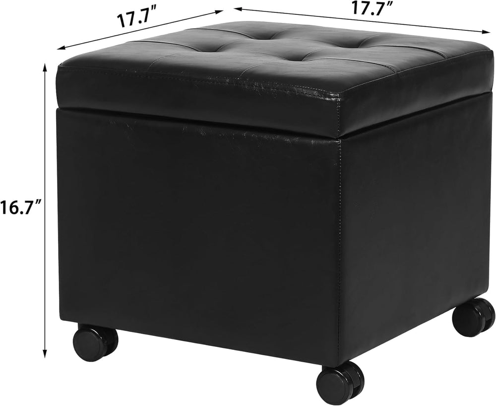 17.7" Square Ottoman with Storage Leather Ottoman with Wheels