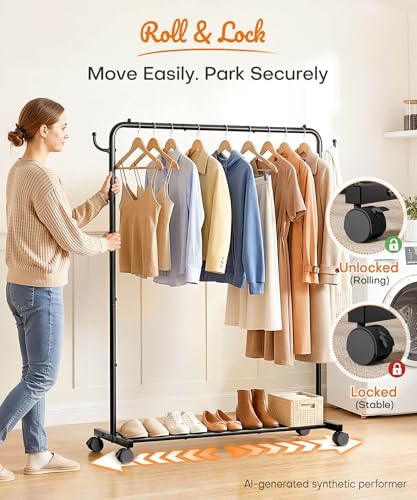 Homde Portable Clothes Rack for Bedroom: 4 Lockable Wheel Move Room-to-Room