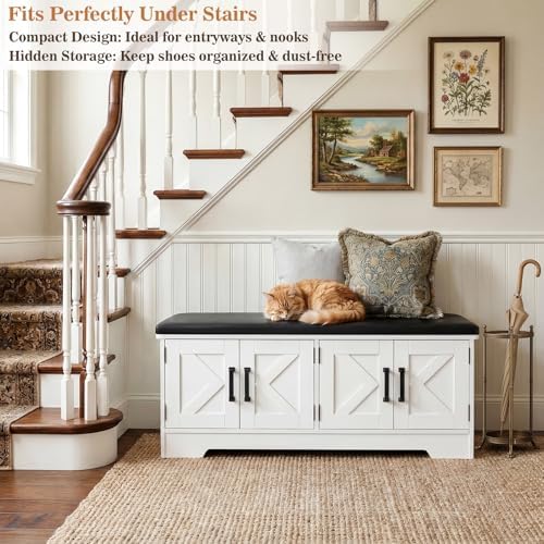Armocity 43.3" Farmhouse Shoe Storage Bench with Cushion for Entryway