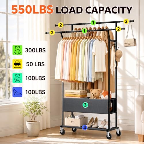 Heavy Duty Rolling Clothing Rack, Double Rod Clothing Storage Organizer