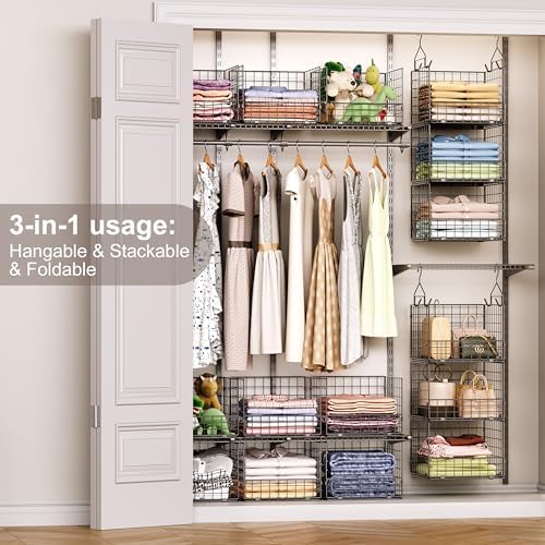 Sonyabecca 3-Tier Closet Organizers and Storage, Foldable Stackable Wire Bask...
