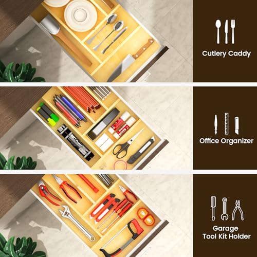 Silverware Drawer Organizer Wood with Adjustable Partition Utensil Cutlery Fl...