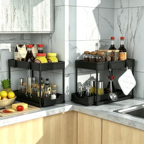 DEKAVA Under Sink Organizer 2 Pack, Bathroom Cabinet Organizer, 2 Tier Slidin...