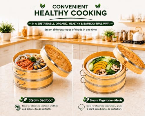 2-Tier Bamboo Seafood Steamer Basket 10 Inch for Cooking Dumplings, Vegetable...