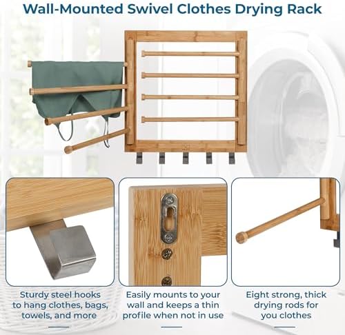 Honey-Can-Do Bamboo Wall-Mount Swivel-Arm Drying Rack, 80 lb, Natural