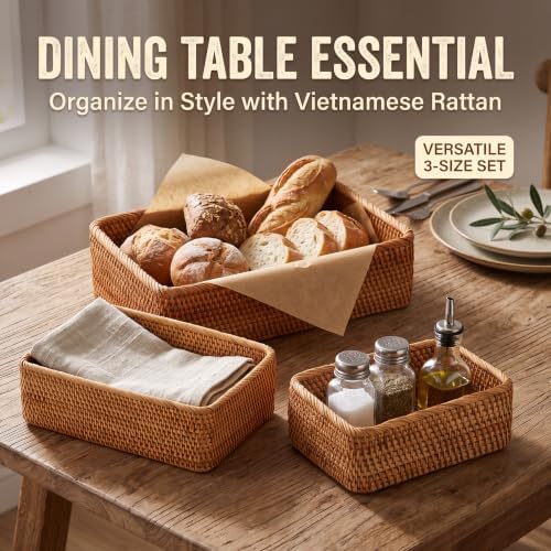 ZENFUN 3 Pack Natural Rattan Storage Baskets, Rectangular Woven Fruit Baskets...