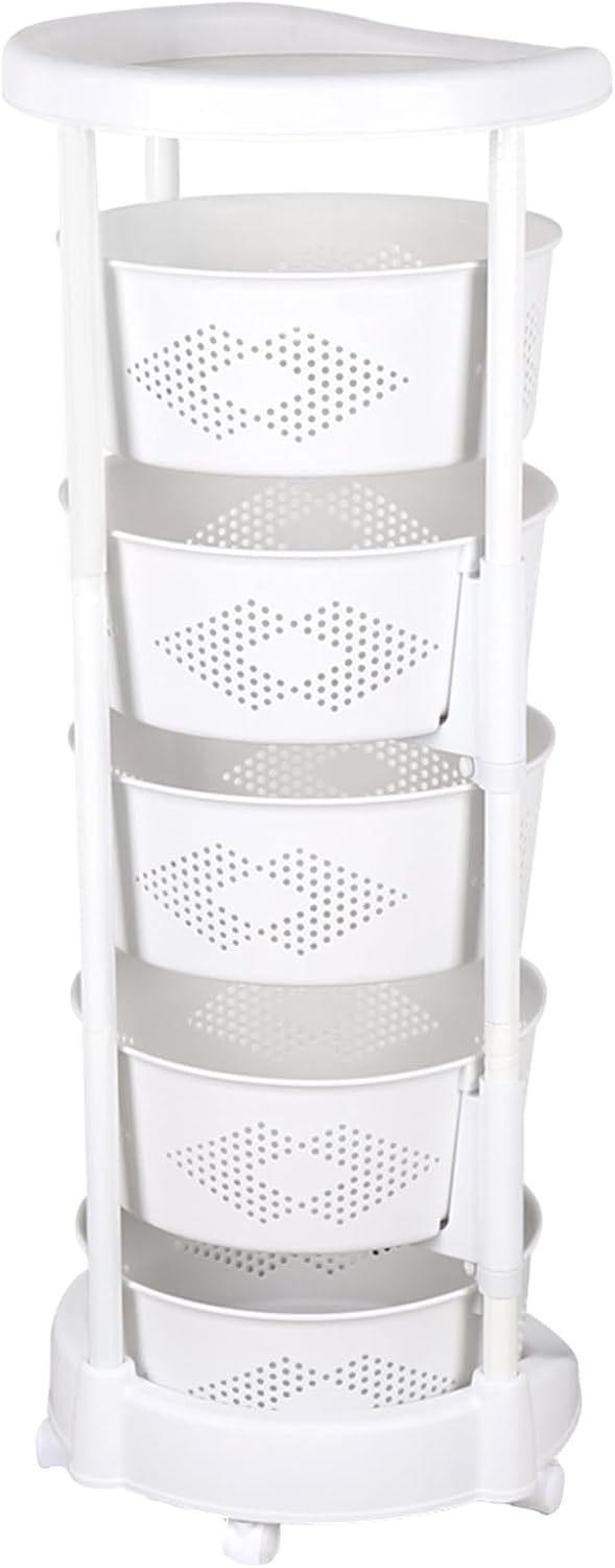 5 Tier Round Rotating Multi-Layer Kitchen Storage Shelf, Fruit Vegetable Storage Basket with Lockable Casters for Living Room Kitchen Home (White)