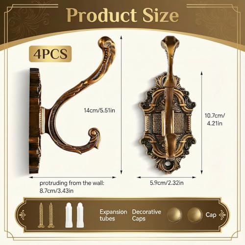 Antique Gold Vintage Coat Hooks,Heavy Duty Wall Mounted,Vintage Hooks for Wal...
