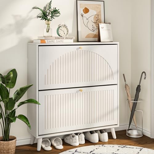 Fsbecl Shoe Storage Cabinet for Entryway with 2 Fluted Flip Drawers, White