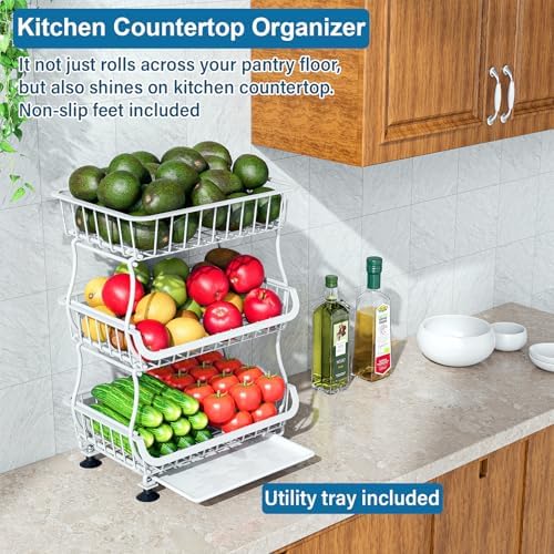 OKZEST 3-Tier Rolling Pantry Floor Organizers and Storage Cart with Wheels