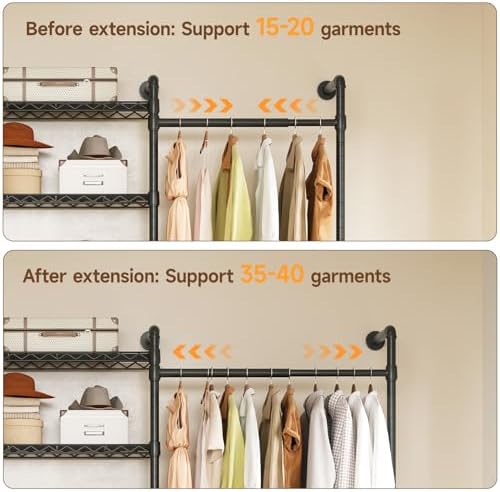 ONBRILL H6 Wall Mounted Closet System, Industrial Pipe Clothes Rack, Black