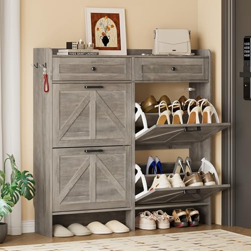 BORNOON Shoe Storage Cabinet for Entryway, Farmhouse Wide Shoe Cabinet with 4...