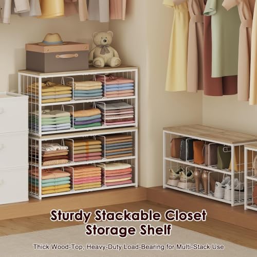 Wood‑Top Closet Clothes Organizers and Storage Shelf with Adjustable Dividers...