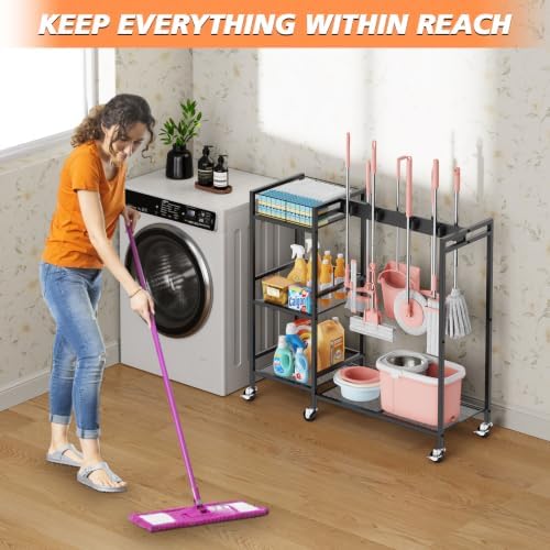 Broom and Mop Holder, MUNNAR Broom Closet Storage Cabinet with Cleaning Suppl...