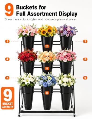 Flower Display Stand with 9 Buckets, 3-Tier Metal Flower Cart with Wheels, He...