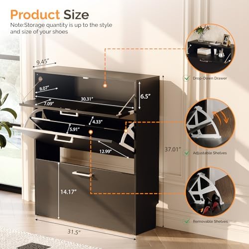 VINGLI Black Shoe Cabinet for Entryway, Modern Slim Shoe Rack Storage with 3 ...
