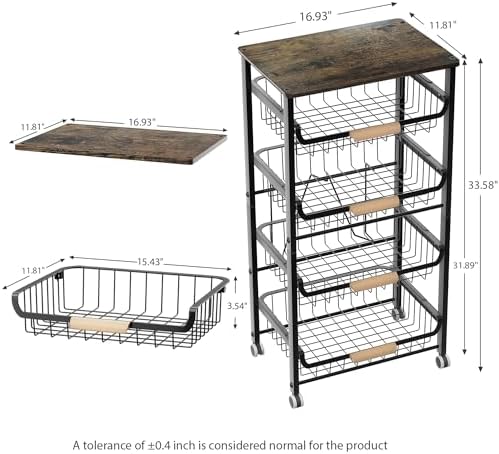 JAQ 5-Tier Fruit Vegetable Storage Cart with Wood Top, Rolling Kitchen Basket...