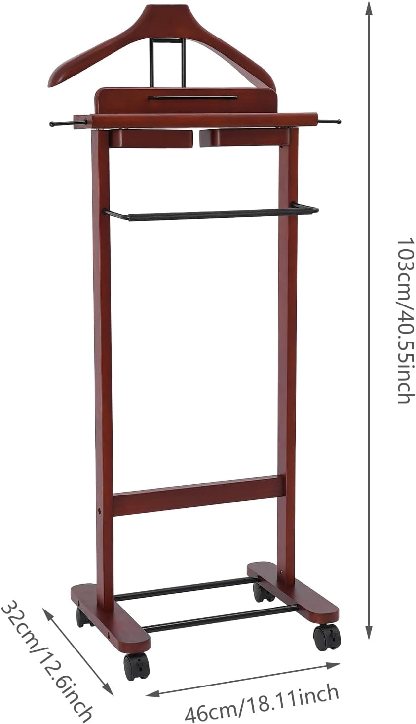 Valet Stand with Wheels and Top Tray, Wood Mens Suit Valet Stand with Shoe Sh...