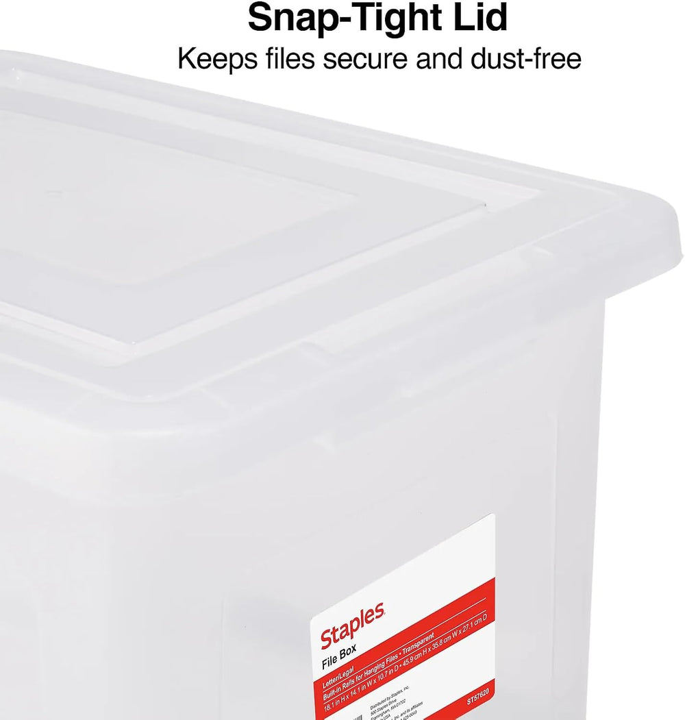 Staples Plastic File Box with Snap Lid, Letter/Legal Size, Clear, 4/Carton