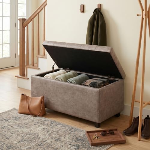 SIMPLIHOME Cosmopolitan 34" Wide Vegan Leather Storage Ottoman in Grey