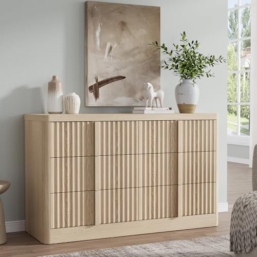 YANSNWO 47" Wide Fluted 6 Drawer Dresser for Bedroom, Natural Oak