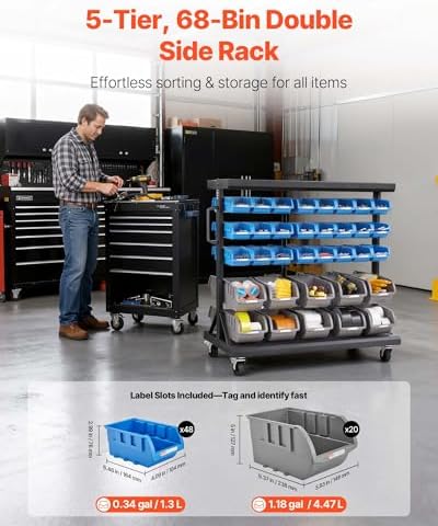 VEVOR 5-Tier Double-Sided Rolling Bin Storage Rack, 68 Plastic Bins, Dual-Sid...