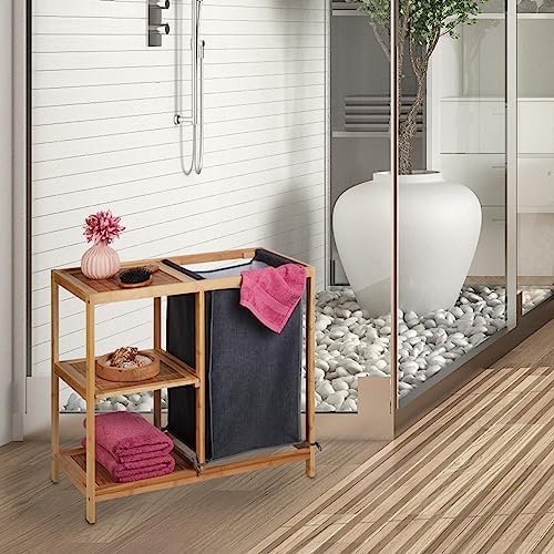 Relaxdays Bamboo Laundry Basket, 3 Shelves, Removable Fabric Bag, H x W x D: ...