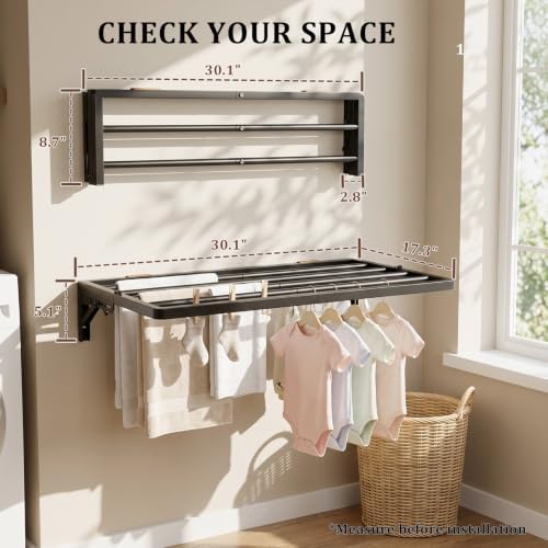 Wall Mounted Clothes Drying Rack, Foldable, 70 lbs Capacity, 30 Inch, Black